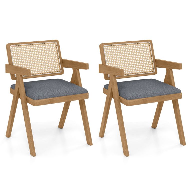 Set of 2 Rattan Accent Chairs with Padded Cushion and Rubber Wood Frame