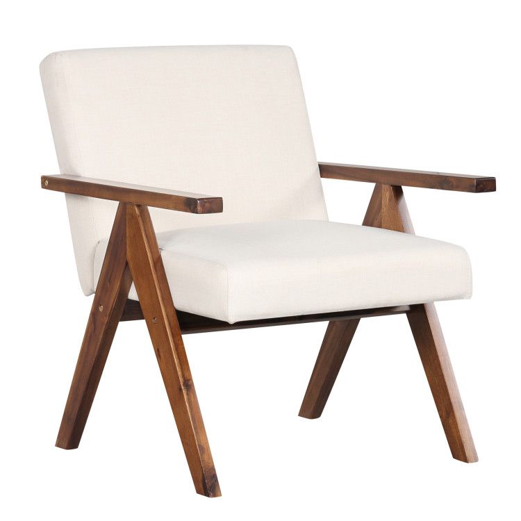 Modern Accent Chair Linen Fabric Armchair with Solid Acacia Wood Frame
