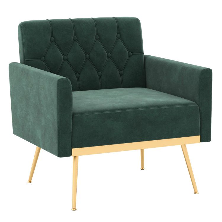 Modern Velvet Accent Chair with Button Tufted Back Golden Metal Legs and Adjustable Foot Pads