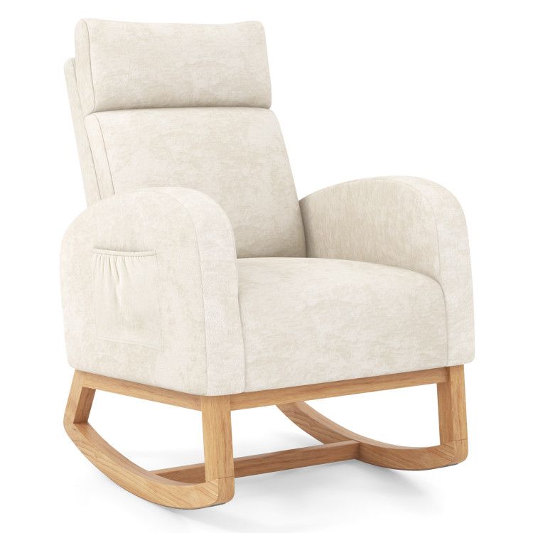 Nursery Rocking Chair Upholstered Chenille Rocker Armchair with Natural Rubber Wood Frame