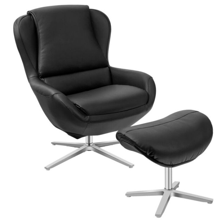 360°  Swivel Leather Lounge Chair with Ottoman and Aluminum Alloy Base