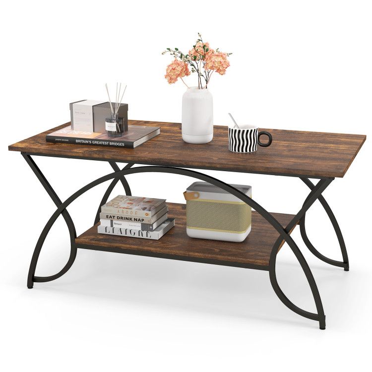 2-Tier Faux Marble Coffee Table with Marble Top and Metal Frame
