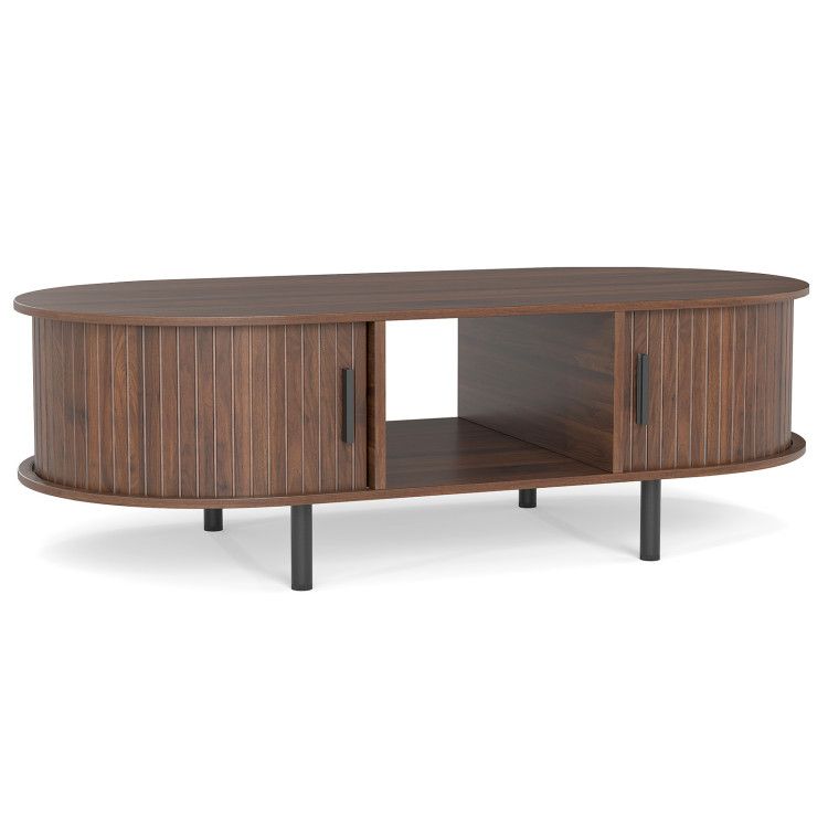 48" Mid Century Center Table with Sliding Fluted Doors and Open Compartment