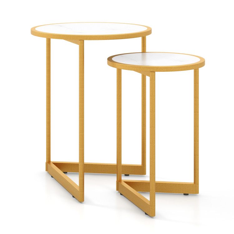 Round Nesting Table Set of 2 with Marble-like Tabletop for Living Room