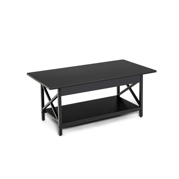 2-Tier Rectangle Coffee Table with Storage Shelf and X-shaped Metal Frame