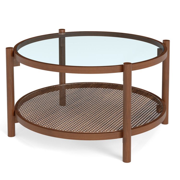 31 Inch 2-Tier Round Coffee Table with Tempered Glass Top for Living Room