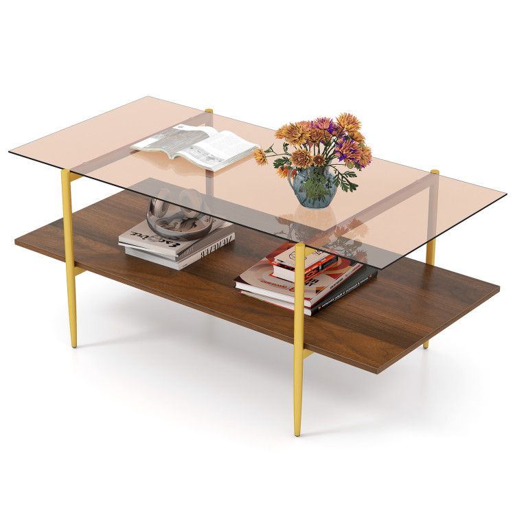2-Tier Glass Coffee Table with Tampered Glass Tabletop and Open Storage Shelf