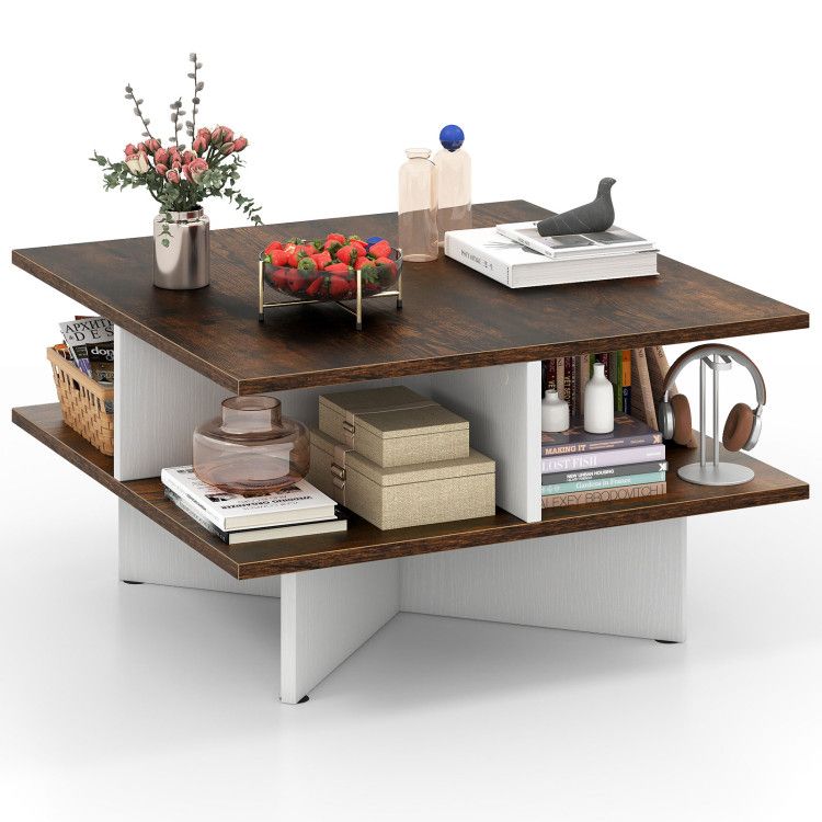 2-Tier Square Coffee Table with 4 Storage Compartments for Living Room