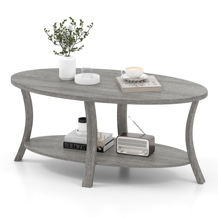 Oval Coffee Table 2-Tier Center Table with Storage Shelf