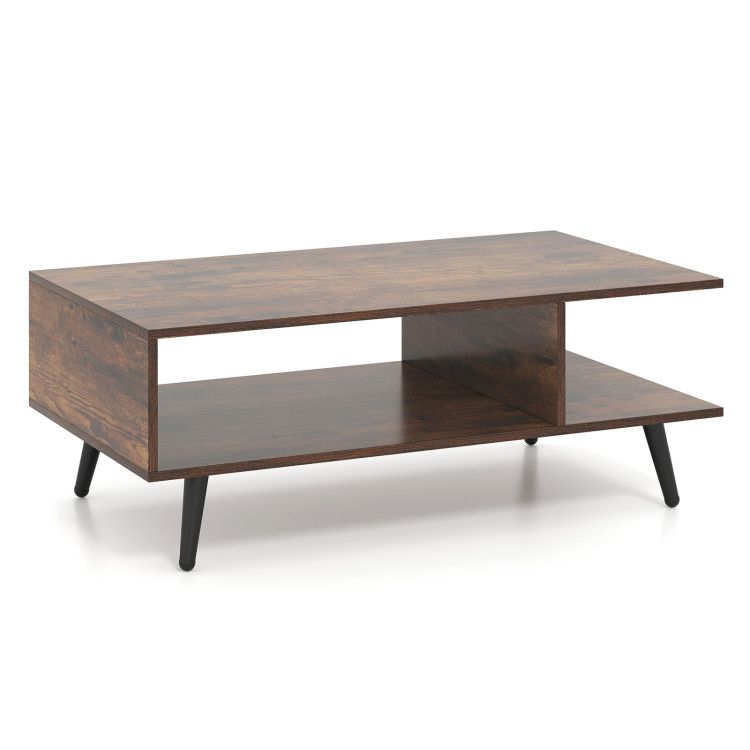 Mid Century Modern Rectangle Coffee Table 2-Tier Accent Table with 2 Open Compartments