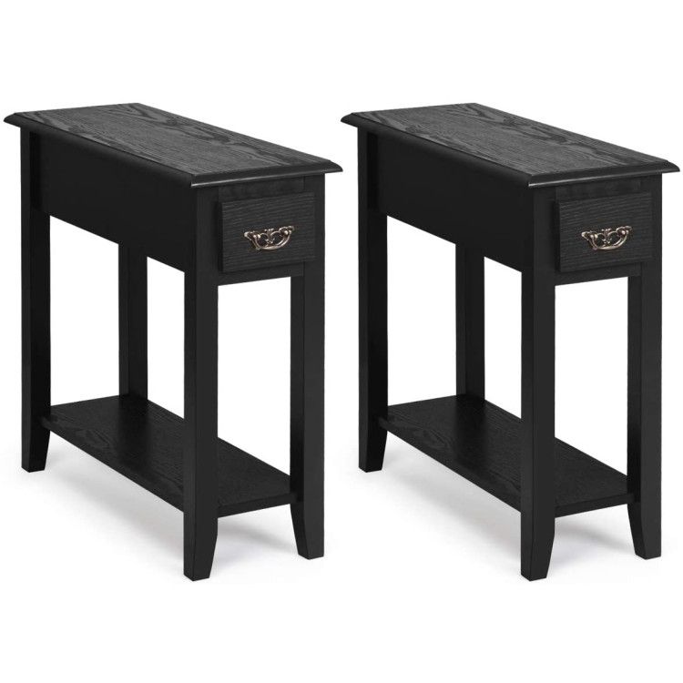 2 Pieces 2 Tier Sofa Side End Table with Drawer and Open Shelf