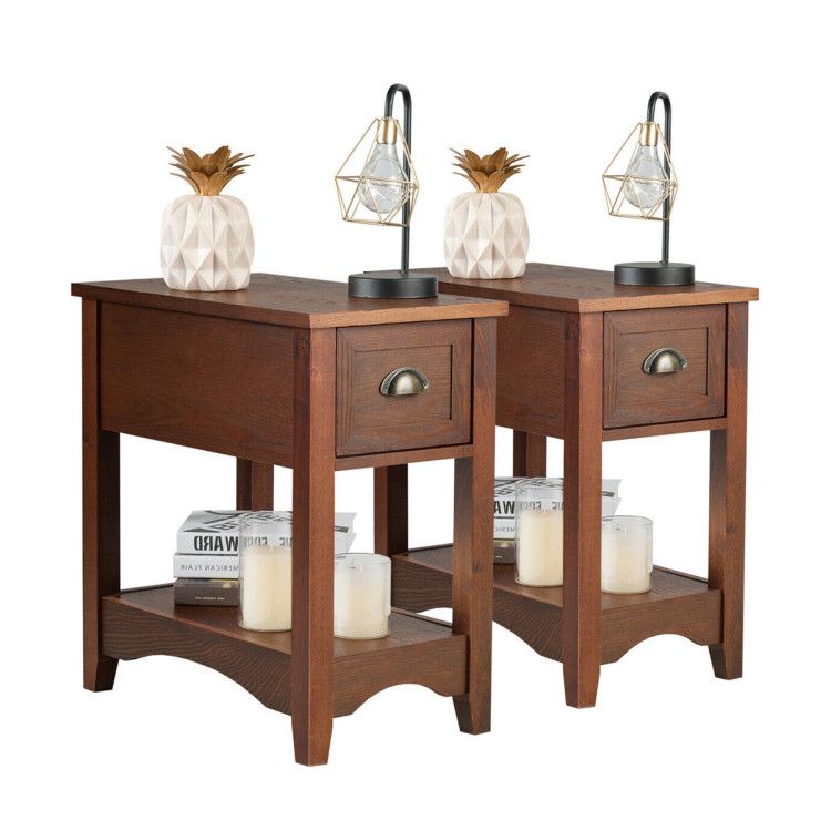 2 Pieces Retro Narrow Tiered End Table with Drawer and Storing Shelf 2 Pieces Retro Narrow Tiered End Table with Drawer and Storing Shelf