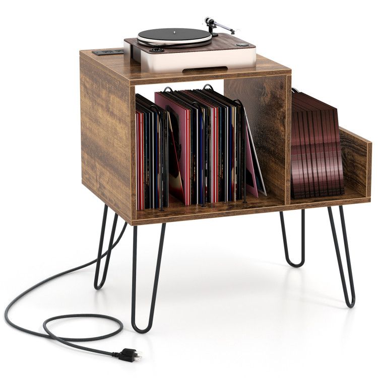 Mid-century Record Player Stand with Power Outlet and Vinyl Divider Mid-century Record Player Stand with Power Outlet and Vinyl Divider