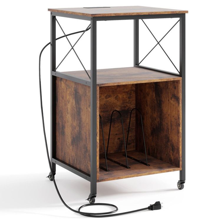 Mobile Record Player Stand with Power Outlet with Open Shelf and Dividers