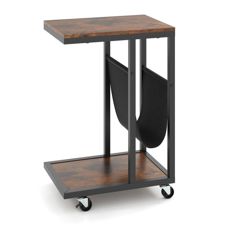 C-shaped Side Table with Canvas Storage Pouch and Metal Frame