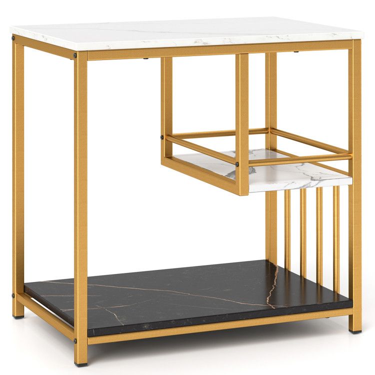 3-Tier Multi-function Marble End Table with Storage Shelf