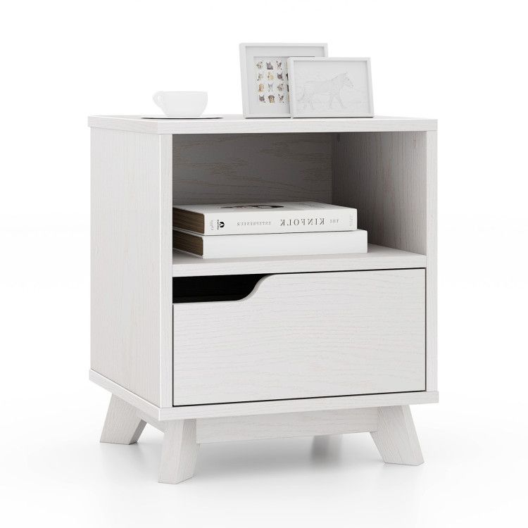 Mid Century Modern Bedside Table with Storage Drawer and Open Shelf