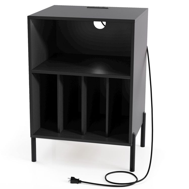 Record Player Stand with Record Storage Shelf and Charging Station