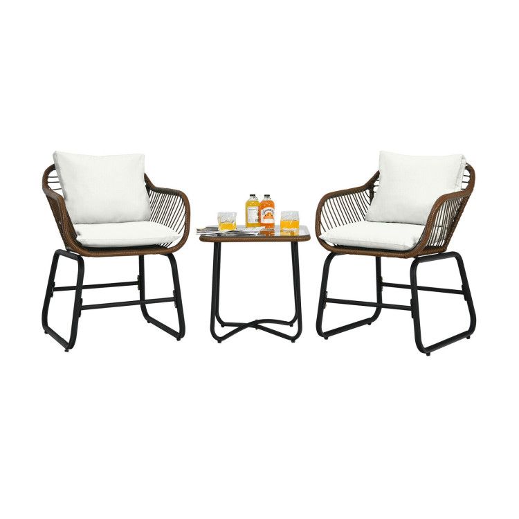 3 Pieces Patio Rattan Bistro Set with Cushions and Glass Table