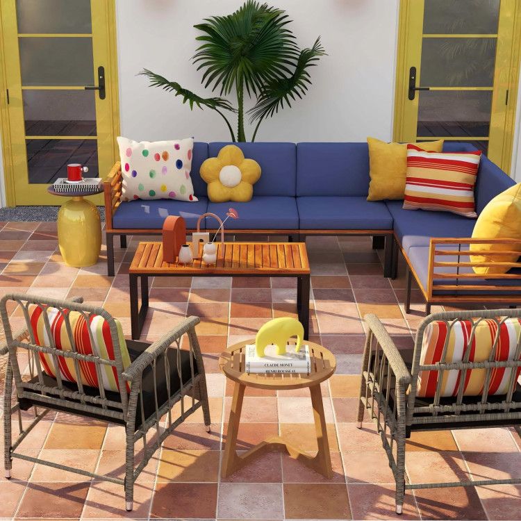 Patio Furniture Set: Patio Dining Set+Teak Wood Side Table+3 Pieces Patio Rattan Bistro Set