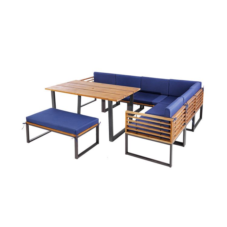 8 Pieces Patio Acacia Wood Dining Table Set with Ottoman Cushions