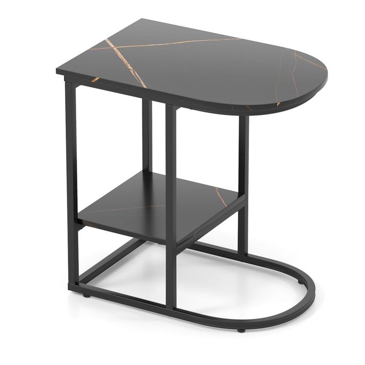 C-shaped Modern Sofa Side Table with Faux Marble Tabletop and Storage Shelf