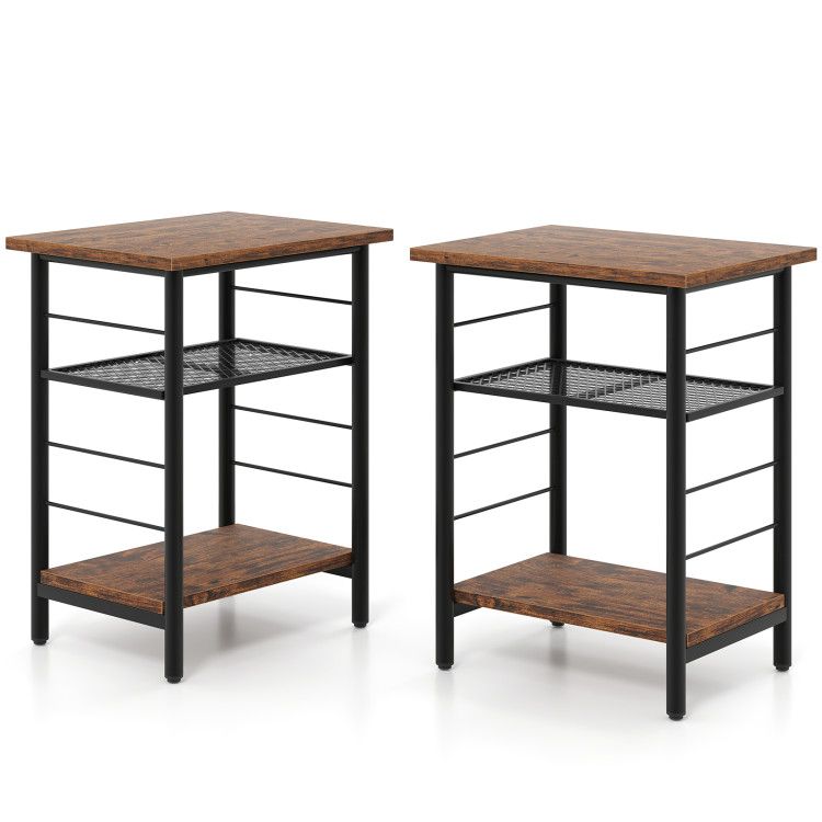 3-Tier End Table Set of 2 Side Table with Storage Shelves Metal Frame