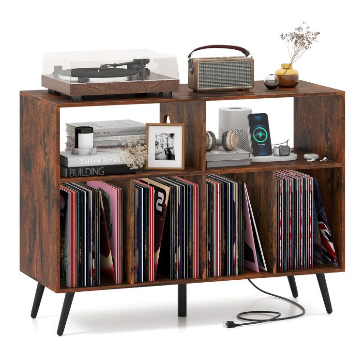 Record Player Stand with Charging Station and Open Shelves