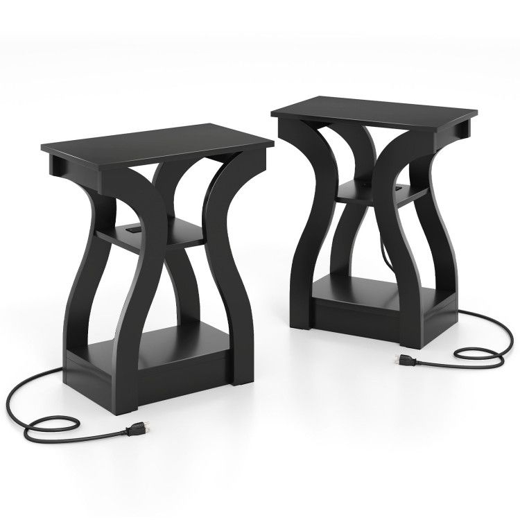 3-Tier End Tables with Charging Station Set of 2 with Open Storage Shelves