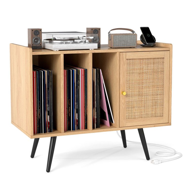 Record Player Stand with Charging Station and Rattan Cabinet for Living Room