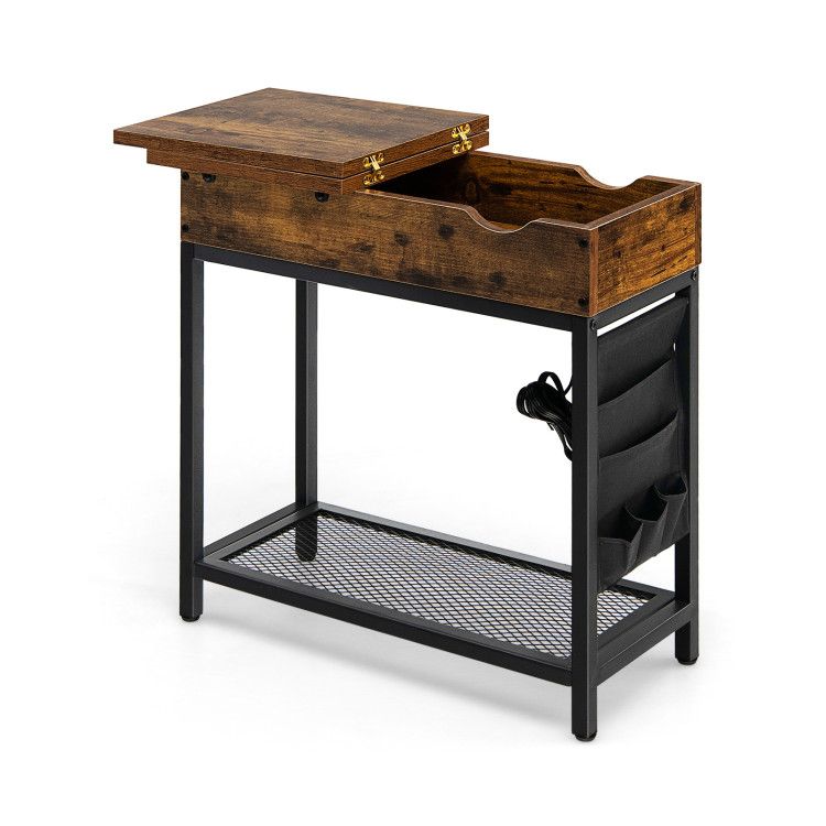 Industrial End Table with Charging Station and Flip Top