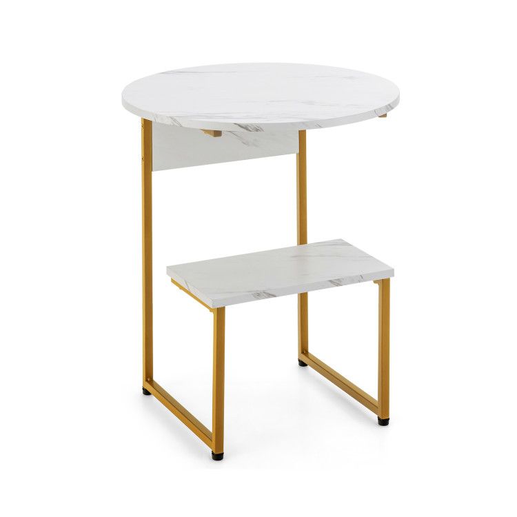 Faux Marble End Table with Round Tabletop and Square Shelf
