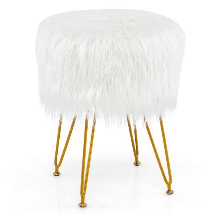 Faux Fur Vanity Stool Round Upholstered Footrest with Furry Padded Seat