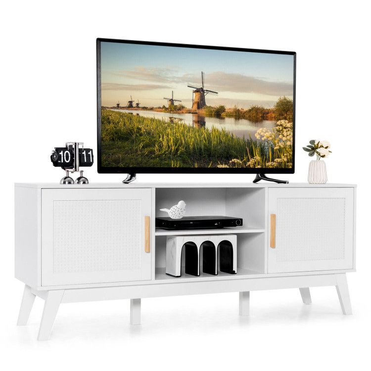 TV Stand Entertainment Media Console with 2 Rattan Cabinets and Open Shelves