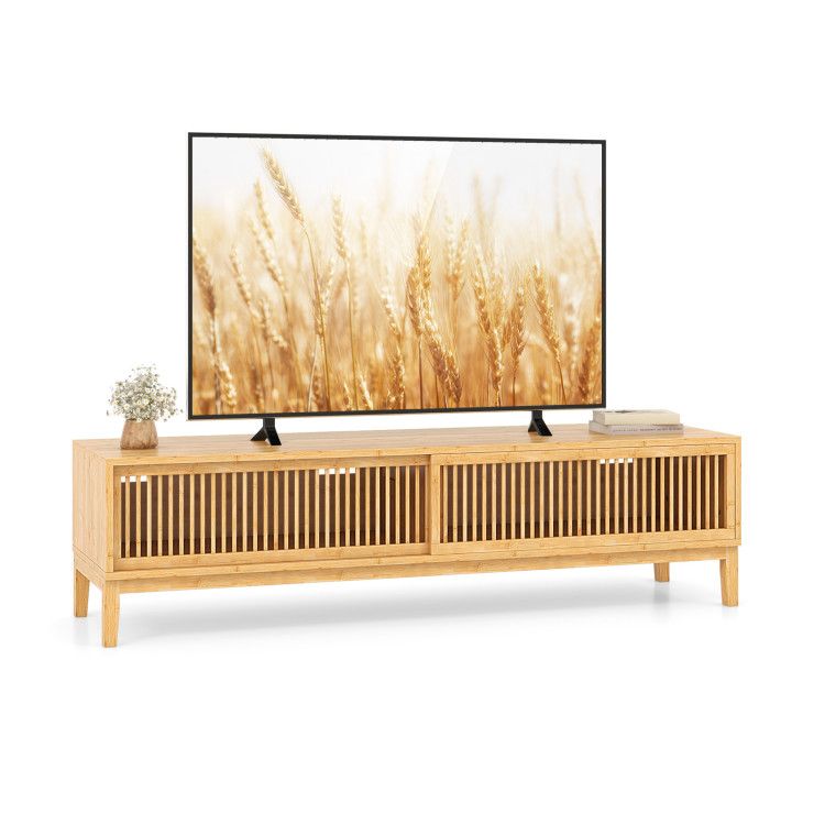 Bamboo TV Stand for TVs up to 65 Inches with Sliding Slatted Doors
