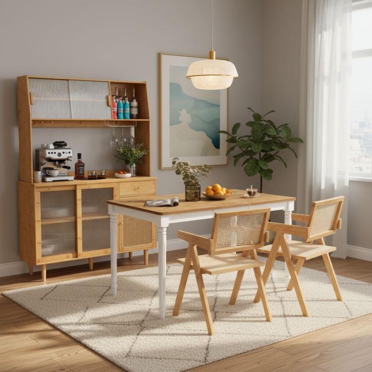 Kitchen Dining Set with Extendable Table, 2 Rattan Accent Chairs and Kitchen Cabinet