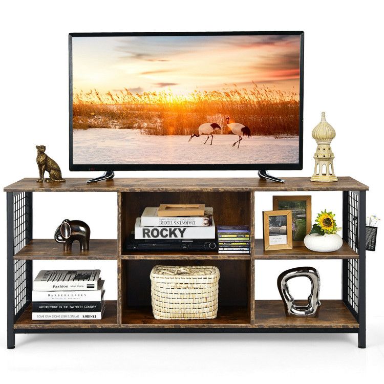 Mid-Century Wooden TV Stand with Storage Basket for TVs up to 65 Inch