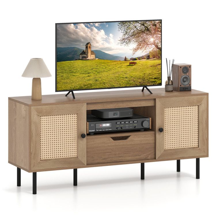 Boho TV Stand for 60 Inch TV Entertainment Center with Cabinets and Storage Shelf