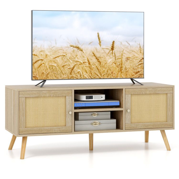 PE Rattan Media Console Table with 2 Cabinets and Open Shelves for Living Room PE Rattan Media Console Table with 2 Cabinets and Open Shelves for Living Room