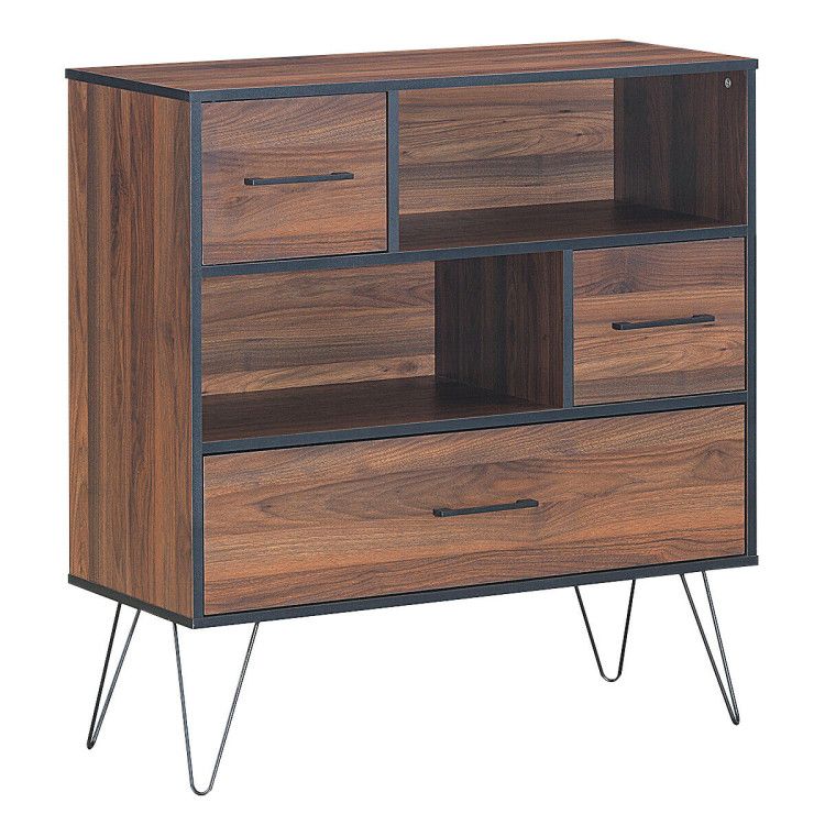 3-Tier Wood Storage Cabinet with Drawers and 4 Metal Legs 3-Tier Wood Storage Cabinet with Drawers and 4 Metal Legs