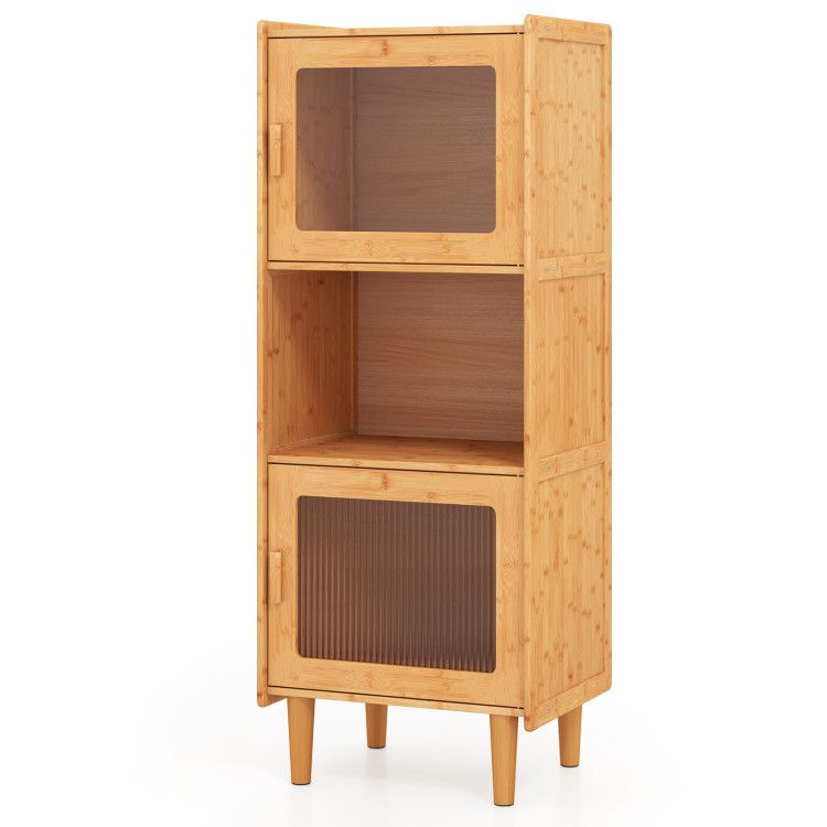 3-Cube Bamboo Storage Cabinet with Open Compartment and 2 Acrylic Doors
