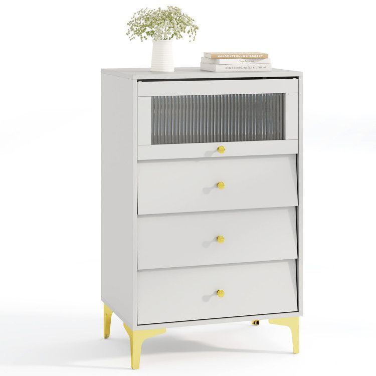 Modern Storage Cabinet with Flip Up Fluted Glass Door and Pull-out Drawers