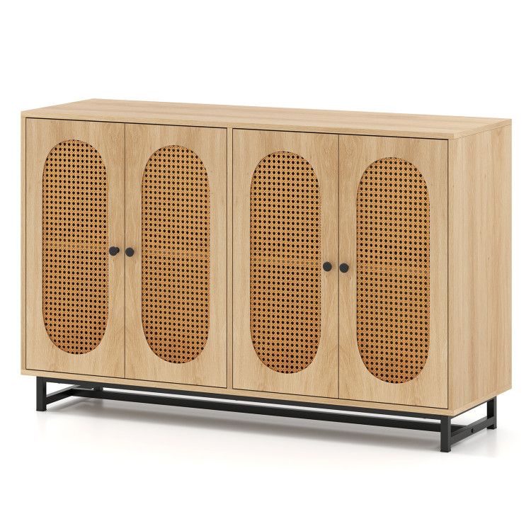 50 Inch Buffet Sideboard Cabinet with 4 Rattan Doors and Adjustable Shelves