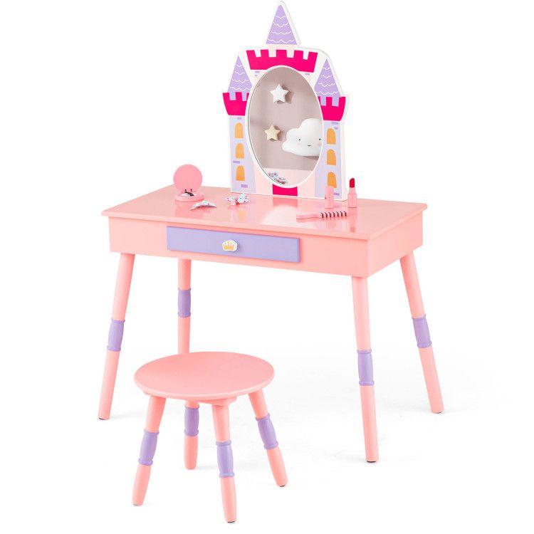 Kids Princess Vanity Table and Stool Set with Drawer and Mirror Kids Princess Vanity Table and Stool Set with Drawer and Mirror