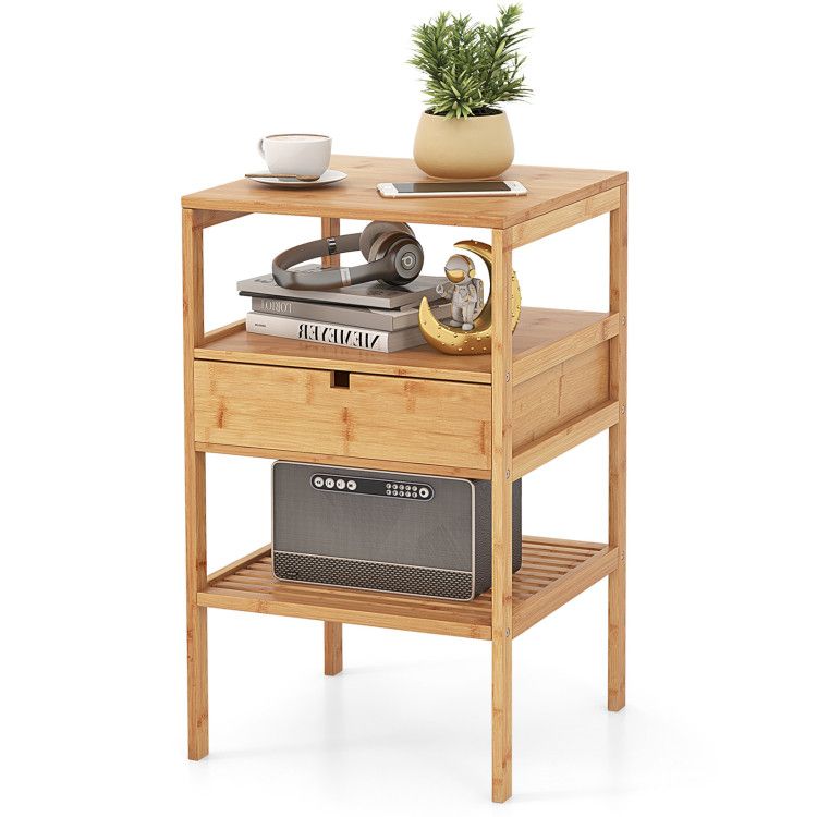 Nightstand Bamboo End Table with 2 Open Shelves and Drawer