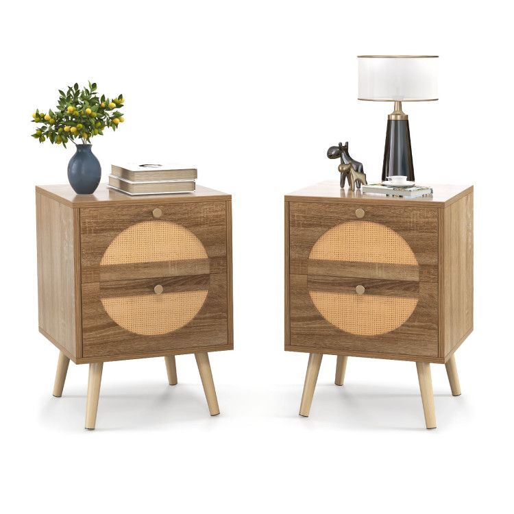 Set of 2 Rattan Nightstand with 2 Drawers and Solid Wood Legs Set of 2 Rattan Nightstand with 2 Drawers and Solid Wood Legs
