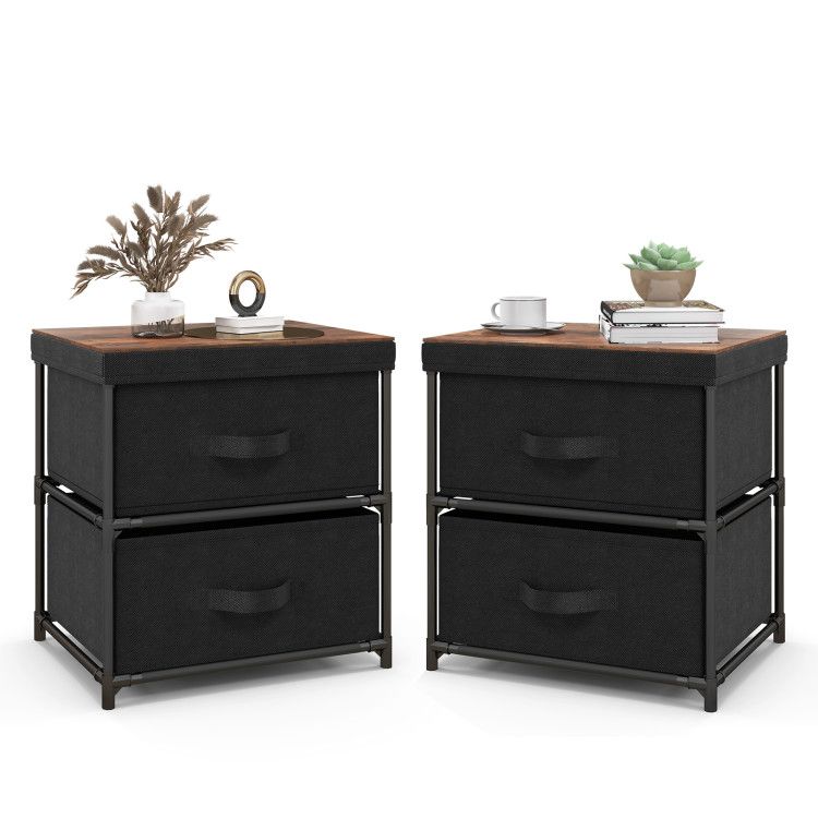 2-Drawer Nightstand with Removable Fabric Bins and Pull Handles Set of 2