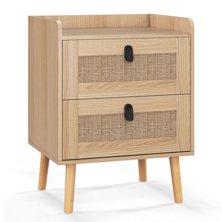 Modern End Table Bedside Table with 2 Rattan Decorated Drawers