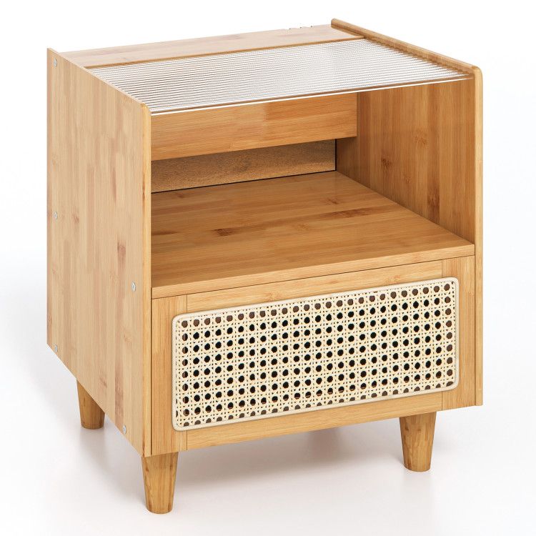 Bamboo Rattan Nightstand with Drawer and Solid Wood Legs Bamboo Rattan Nightstand with Drawer and Solid Wood Legs