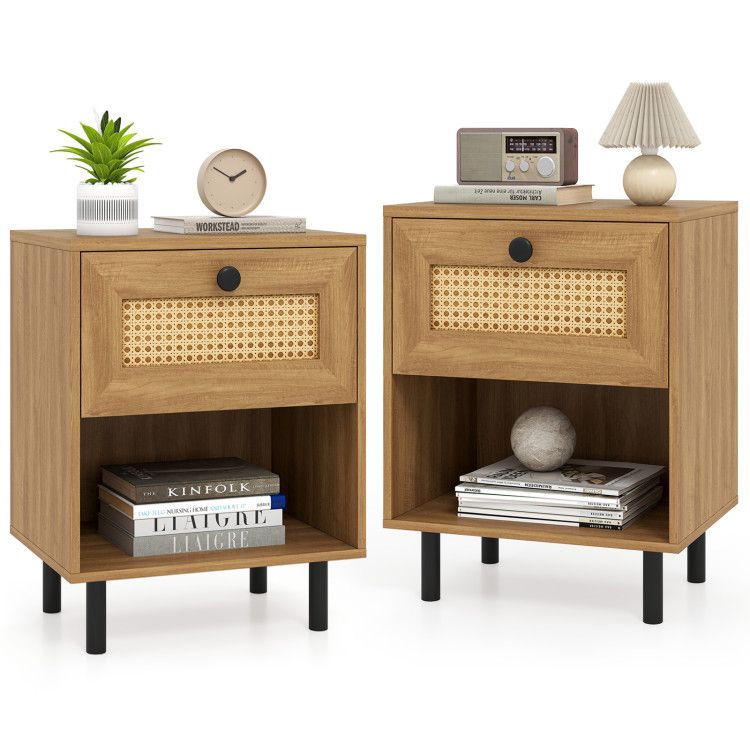 Rattan Nightstand Boho End Table with Rattan Drawer and Open Shelf Set of 2 Rattan Nightstand Boho End Table with Rattan Drawer and Open Shelf Set of 2